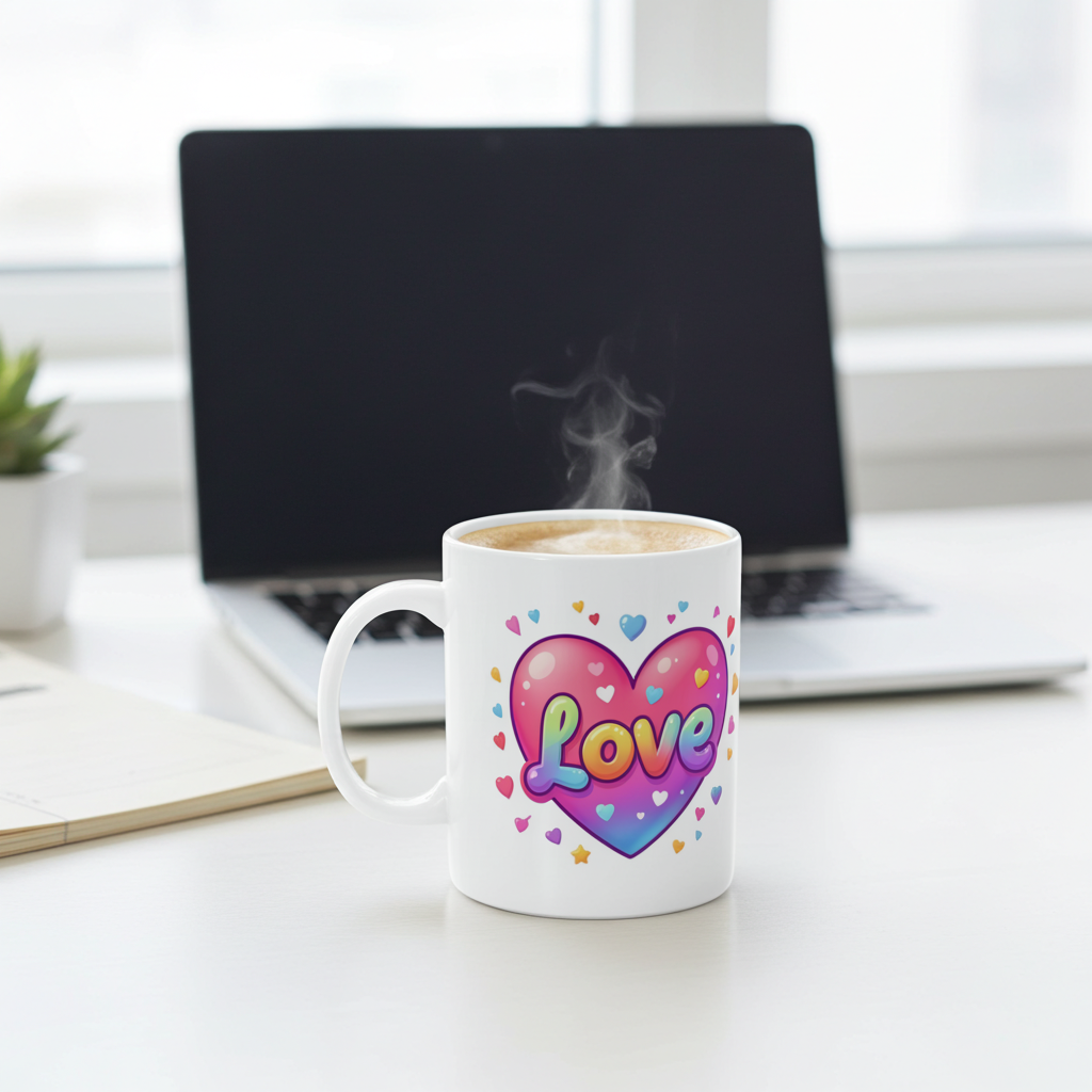 White mug with colorful 'Love' design in front of a laptop on a desk.