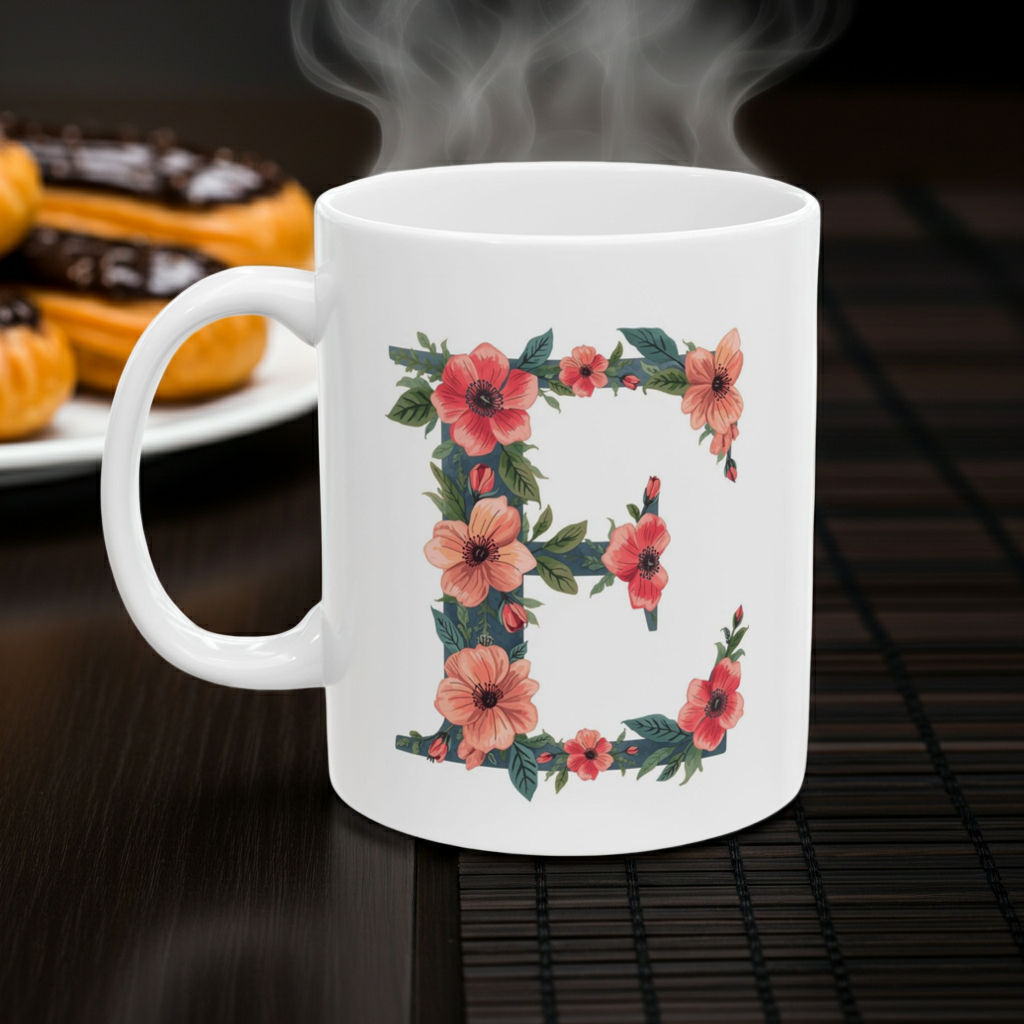 White mug with floral letter 'E' design on a dark surface with steaming hot beverage and pastries.