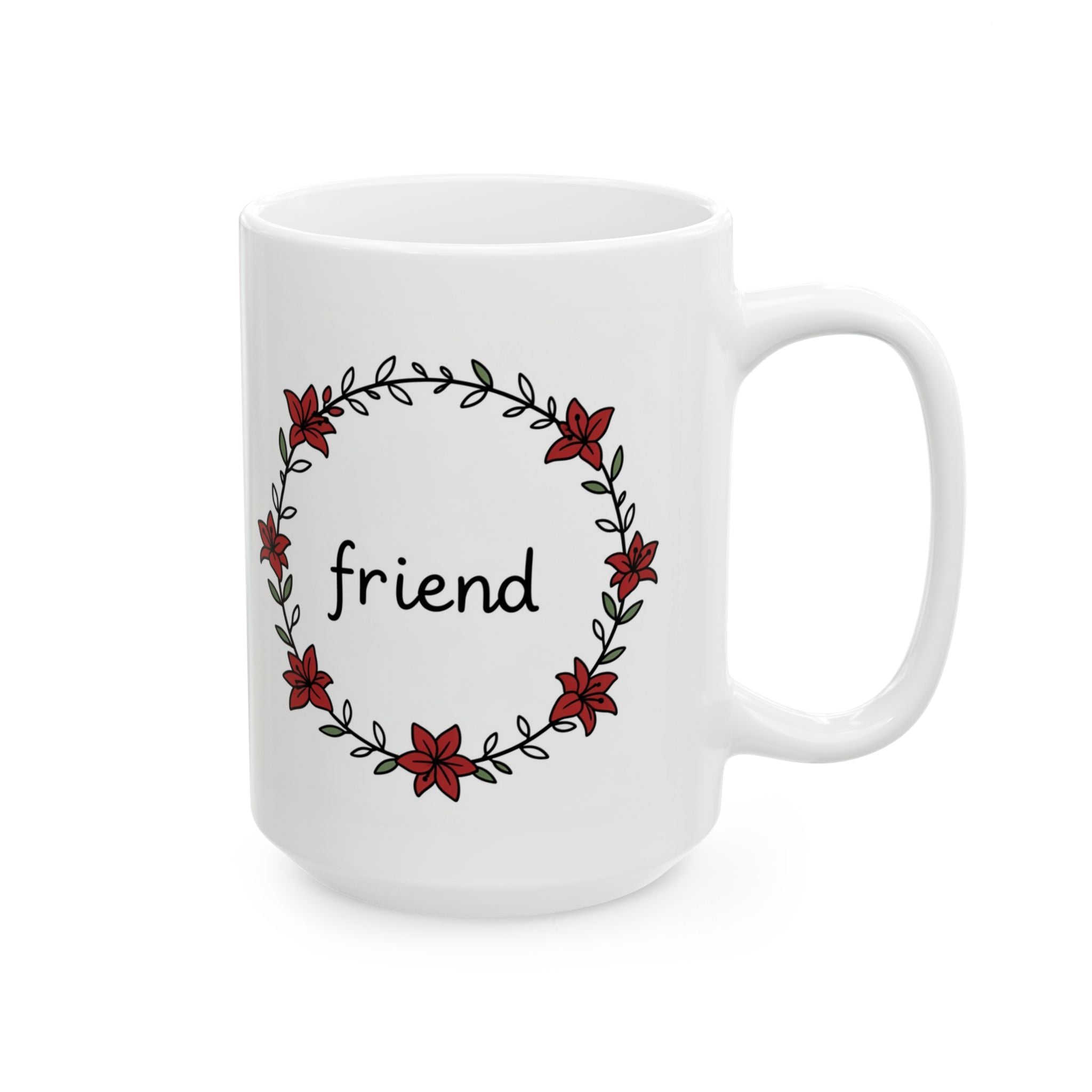 White mug with floral design and 'friend' text on a white background