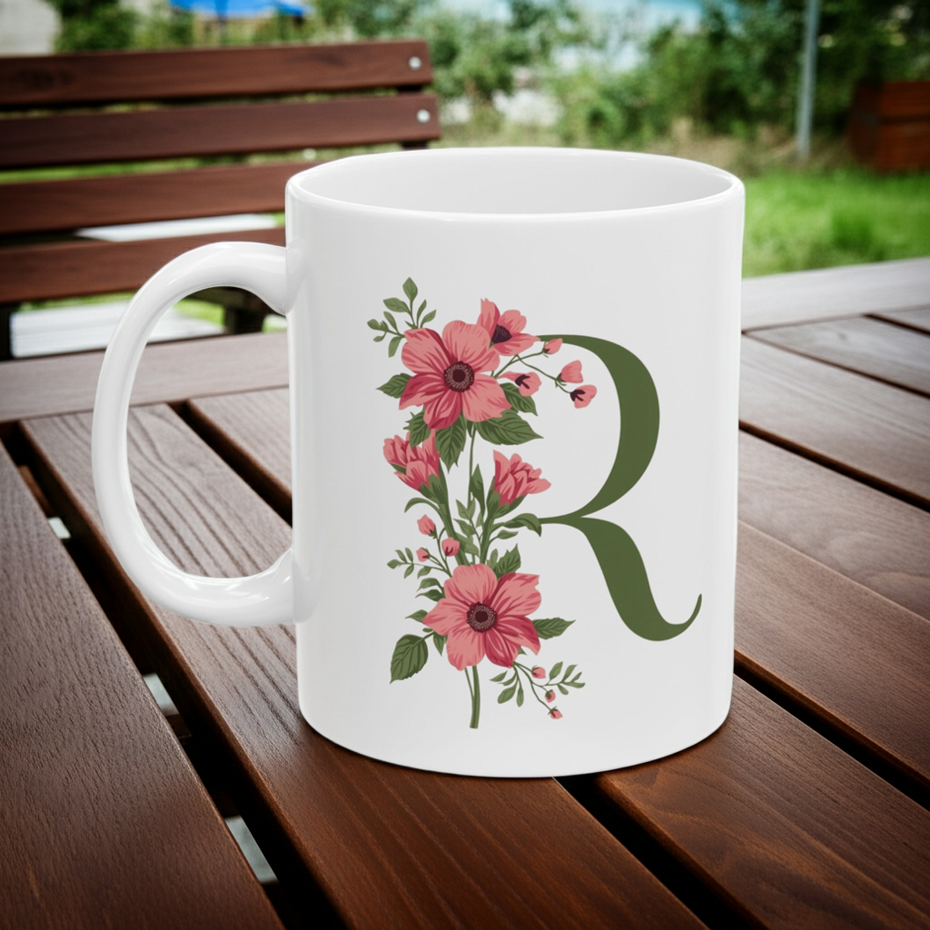 White mug with floral design and letter 'R' on a wooden table outdoors