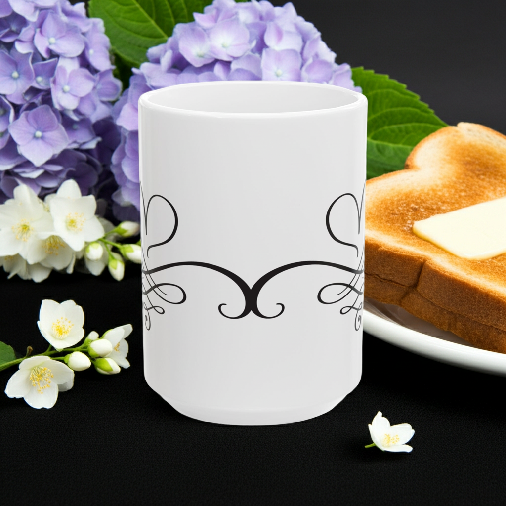 White mug with decorative black design, purple and white flowers, and toast on a dark background