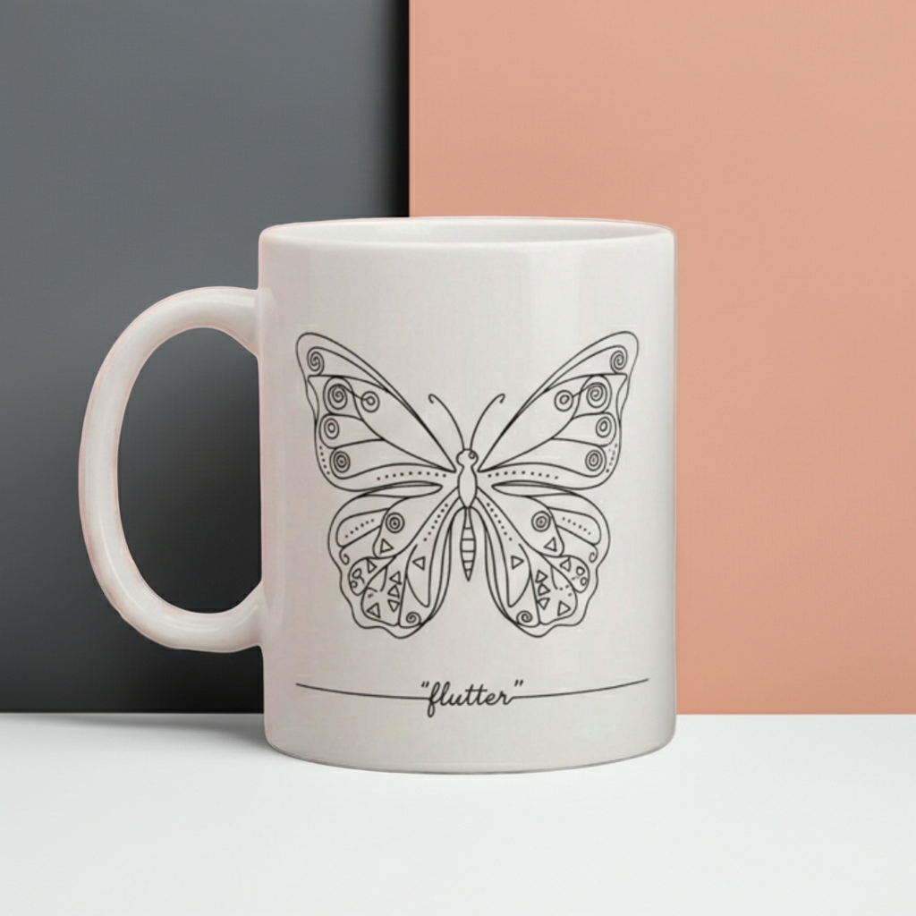 White mug with a black butterfly design and the word 'flutter' on a two-tone background.