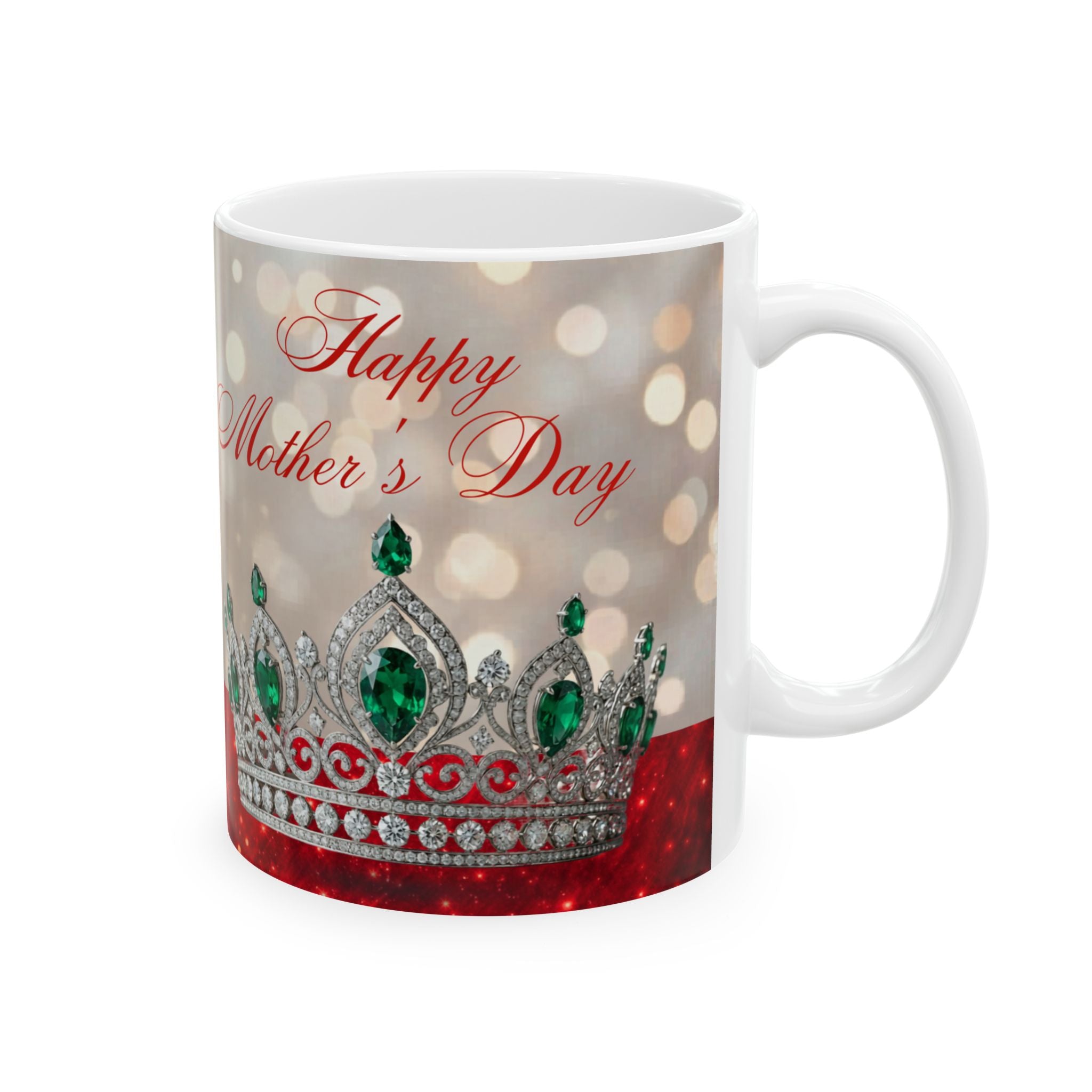 White mug with a tiara design and 'Happy Mother's Day' text on a white background