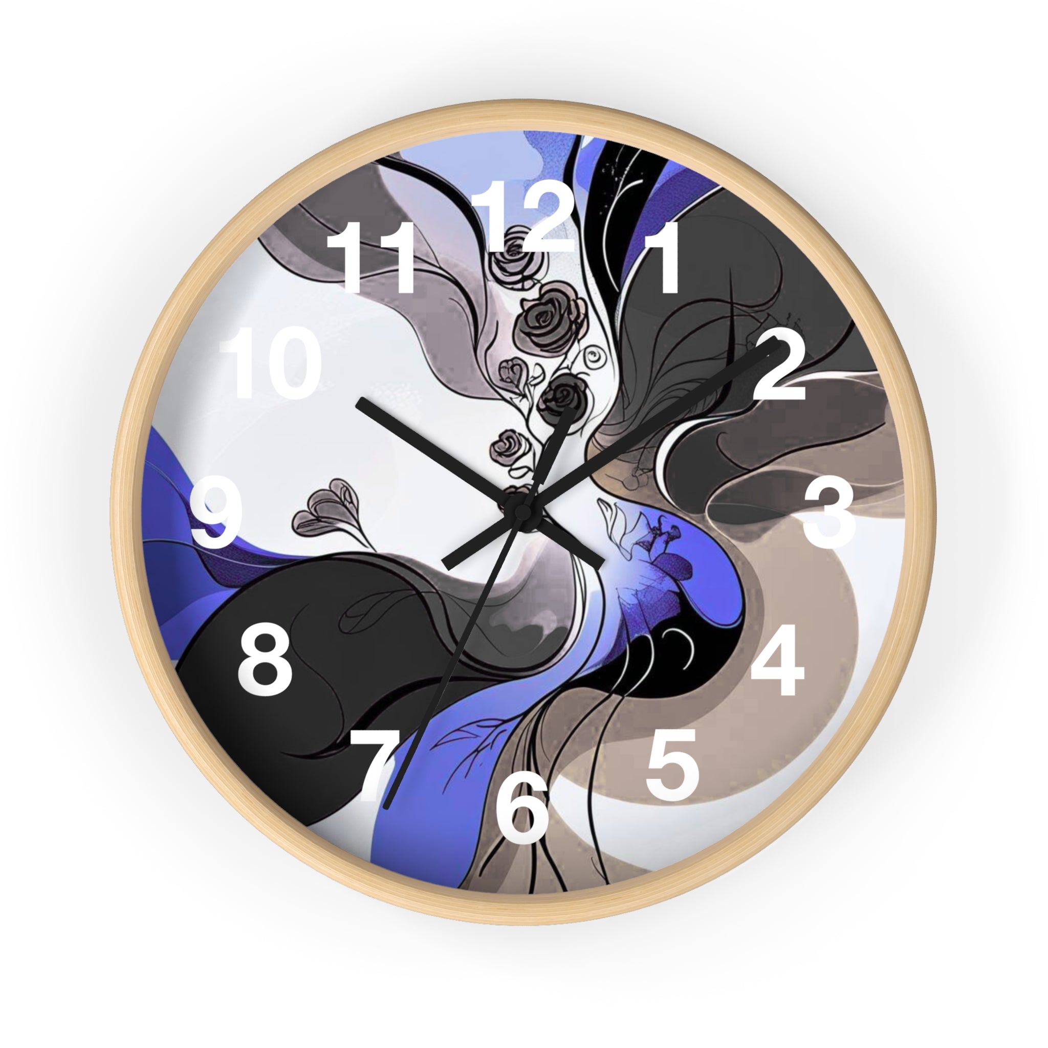 Decorative wall clock with artistic design on a white background