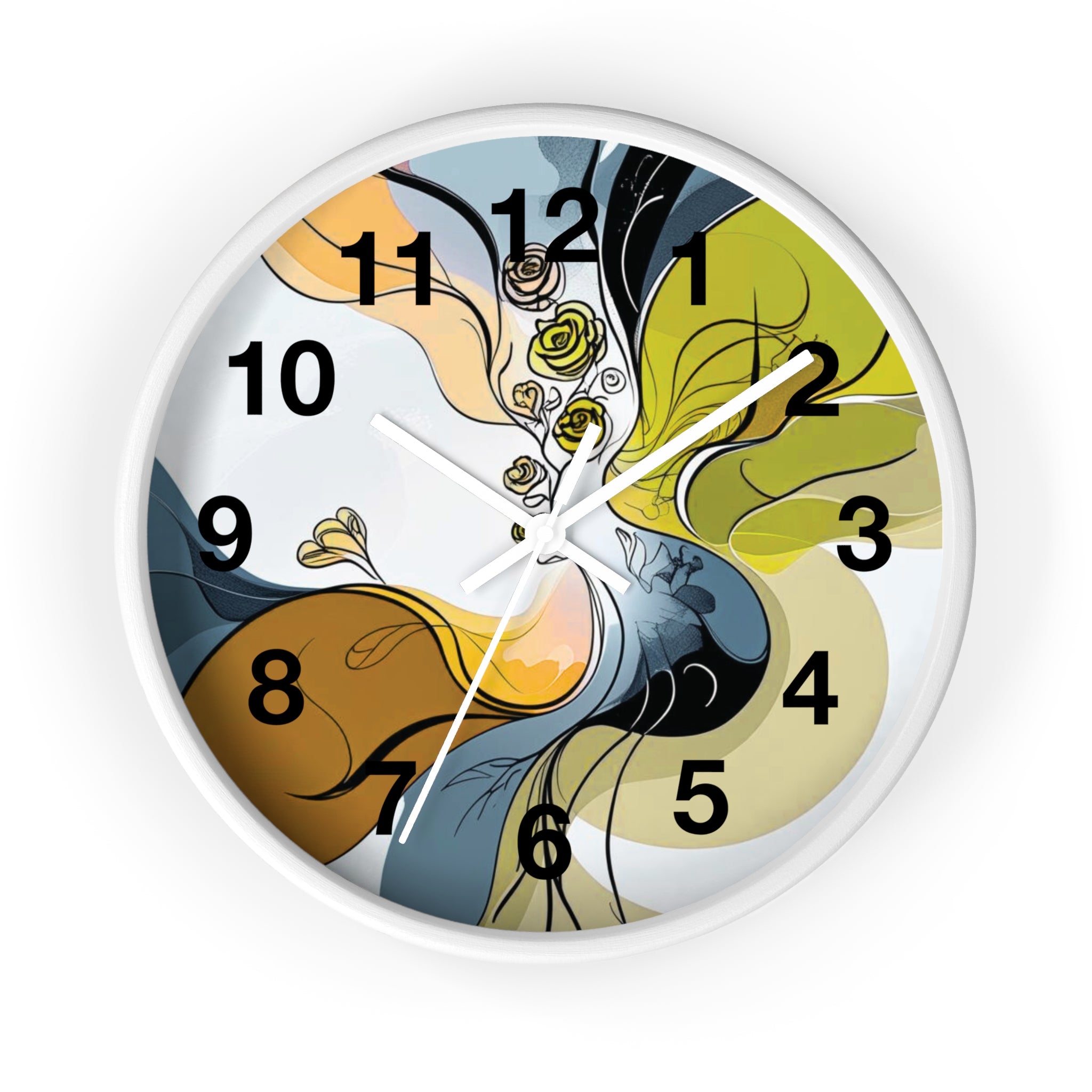 Decorative wall clock with artistic design on a white background