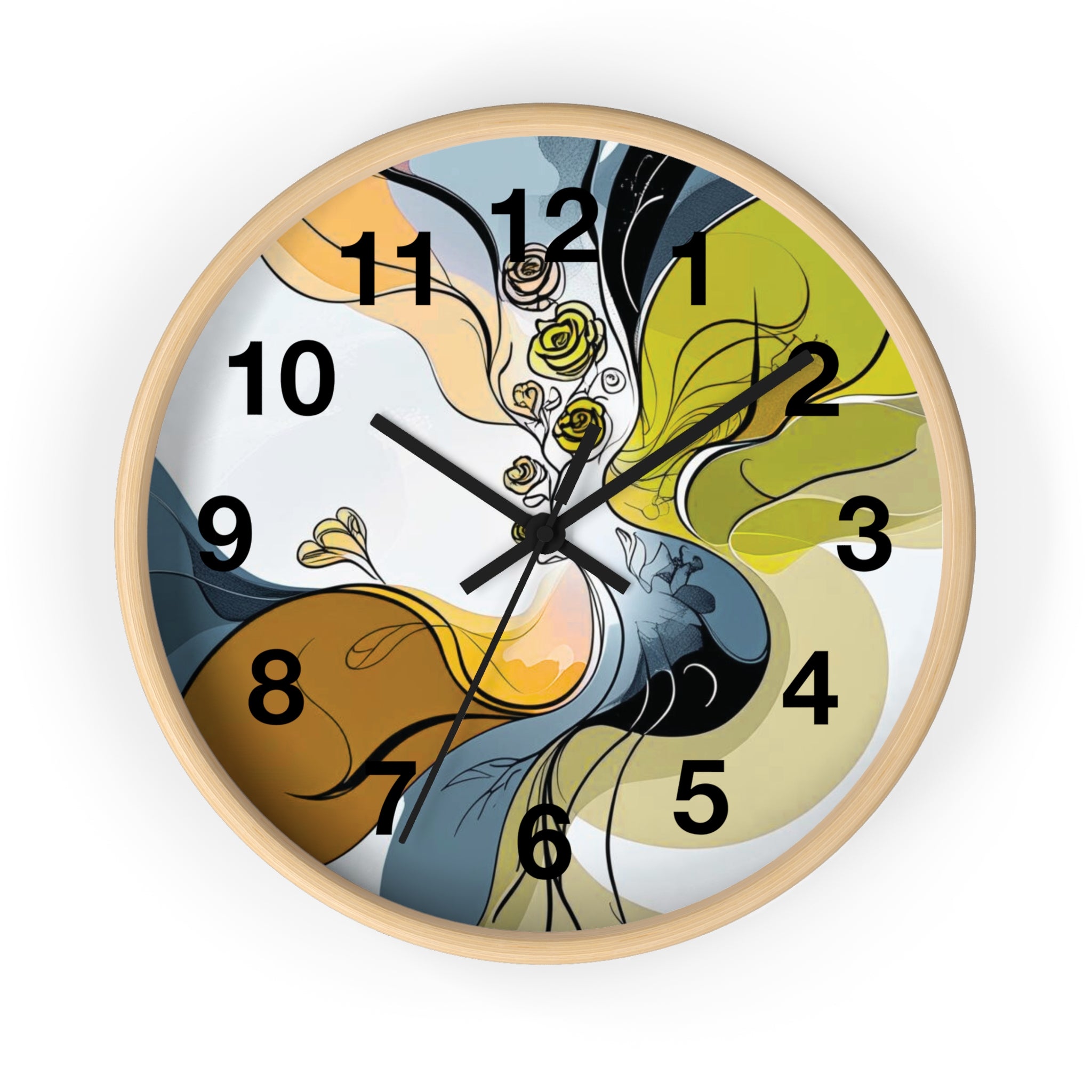 Decorative wall clock with floral design on a white background