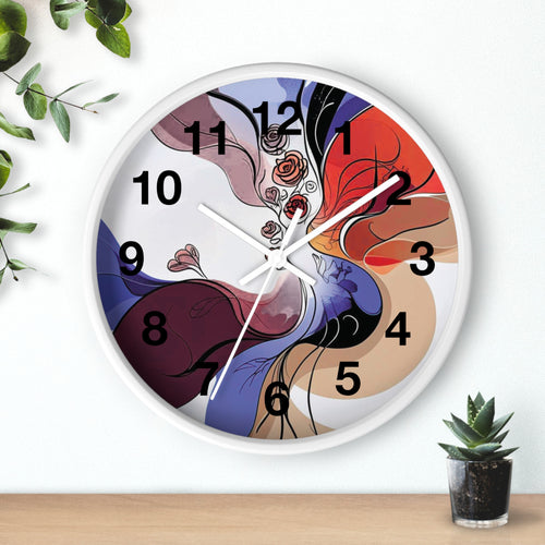 Colorful abstract wall clock on a white background with a plant and small pot.