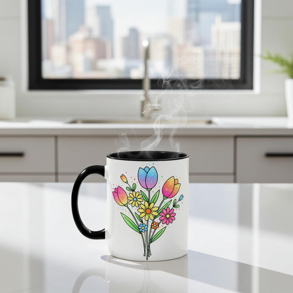 White mug with black handle featuring colorful floral design on a kitchen counter.