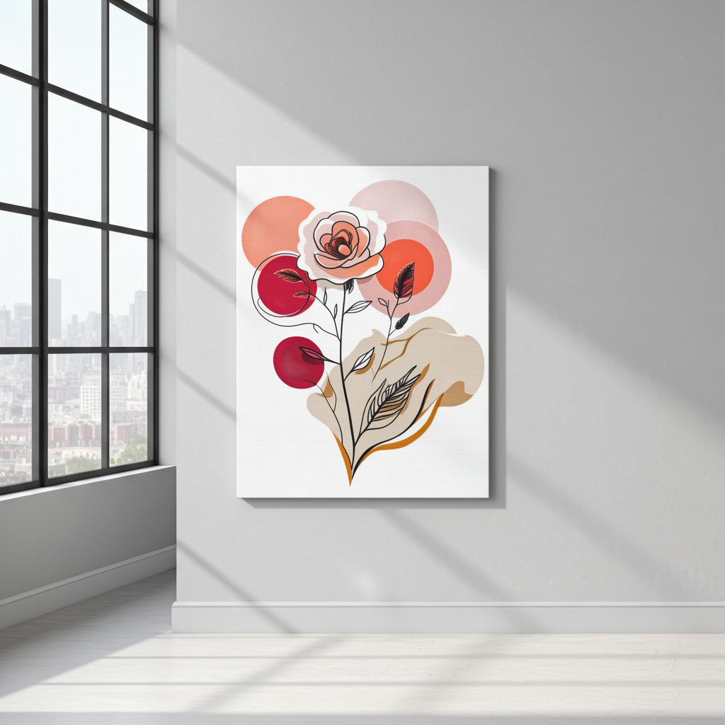 Framed abstract floral artwork on a wall with a cityscape view.