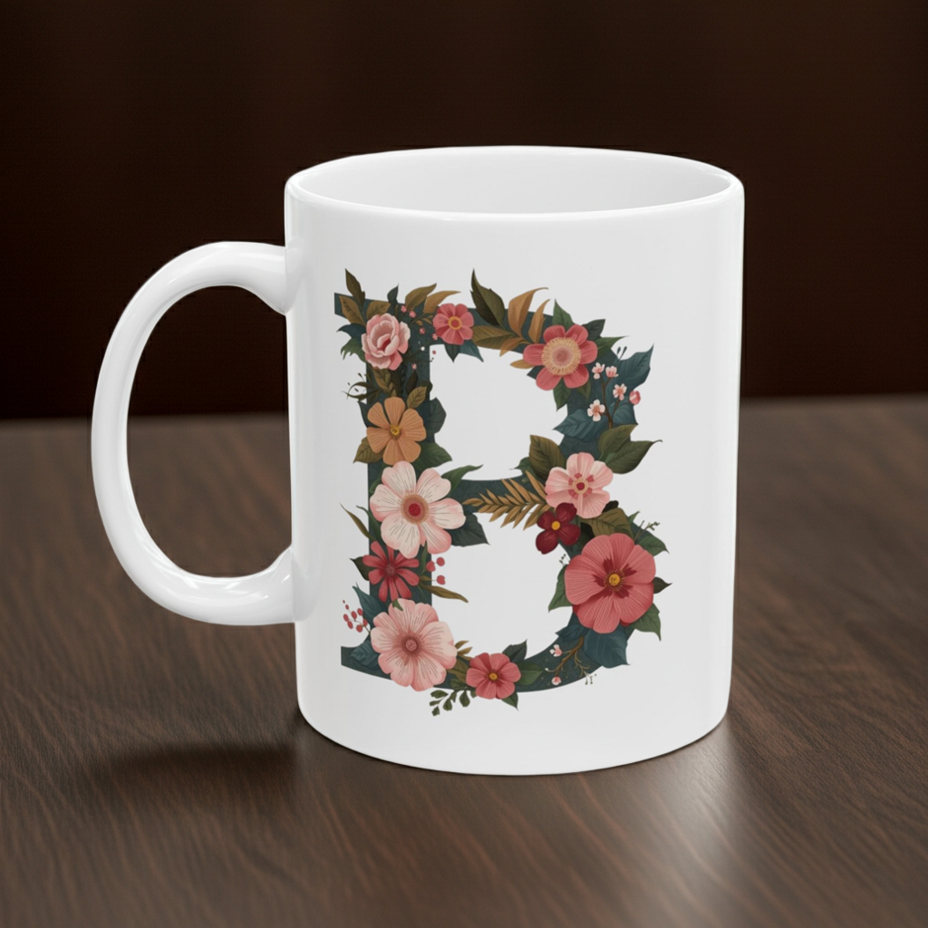 Floral Letter B Ceramic Coffee Mug  (11oz & 15oz)