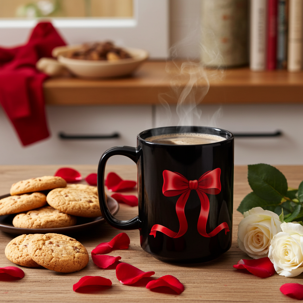Black mug with red bow design on a table with cookies and flowers