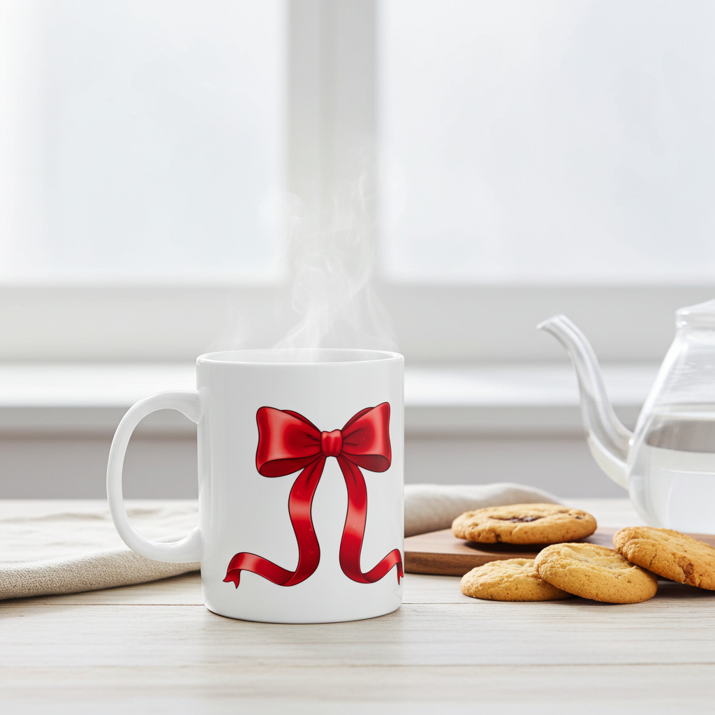 White mug with a red bow design on a table with cookies and a teapot.