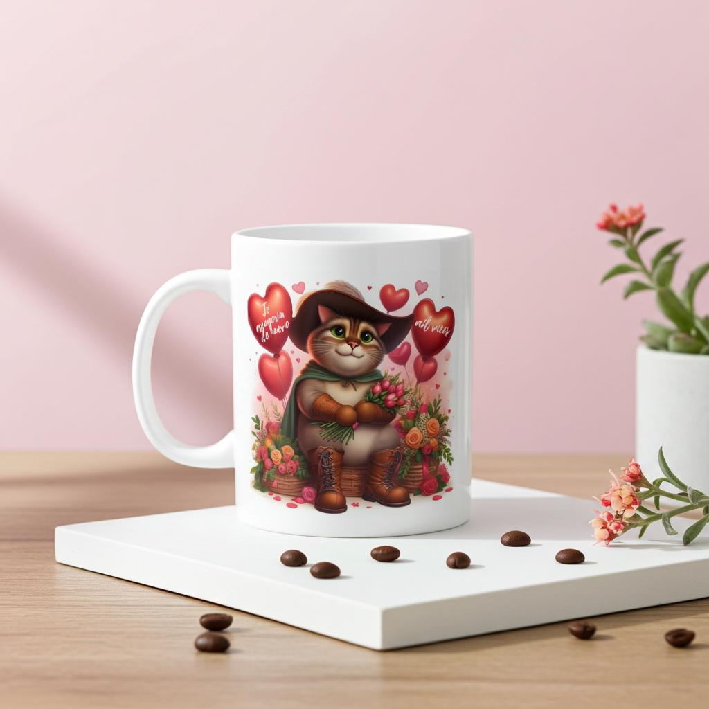 Mug with a cat illustration and heart designs on a wooden surface with coffee beans and a plant.