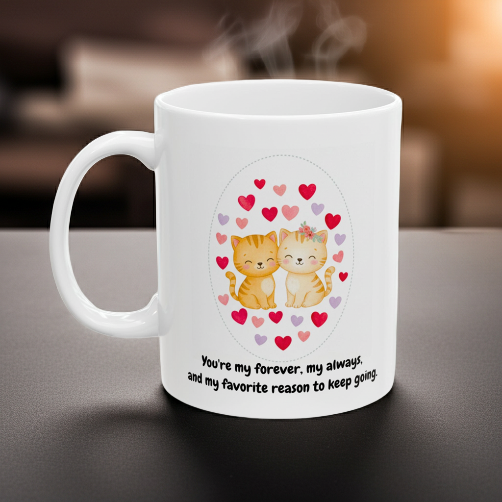 White mug with cartoon cats and heart design on a blurred background