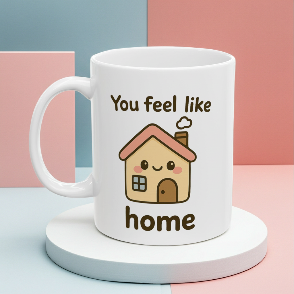 White mug with a cartoon house and text 'You feel like home' on a colorful background