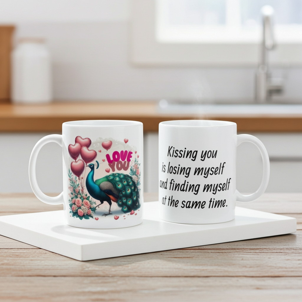 Two mugs on a wooden surface with one featuring a peacock design and the other with a romantic quote.