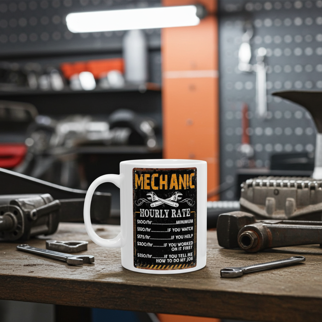 Mug with 'Mechanic Hourly Rate' text on a workbench with tools in a workshop setting