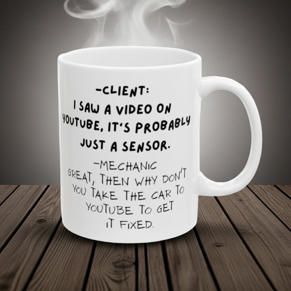 White mug with humorous mechanic text on a wooden surface
