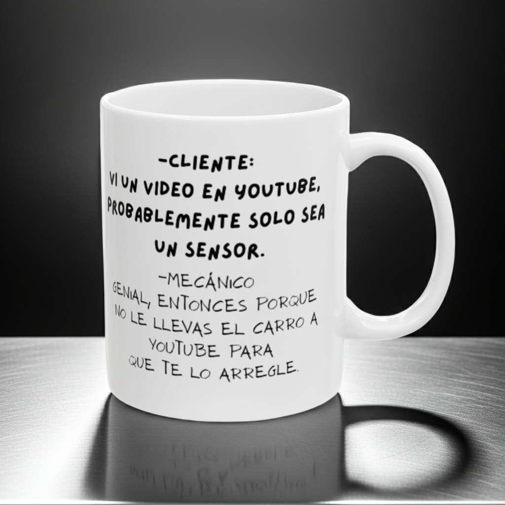 White mug with black sarcastic Mechanic text on a reflective surface and dark background