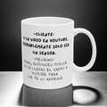 White mug with black sarcastic Mechanic text on a reflective surface and dark background