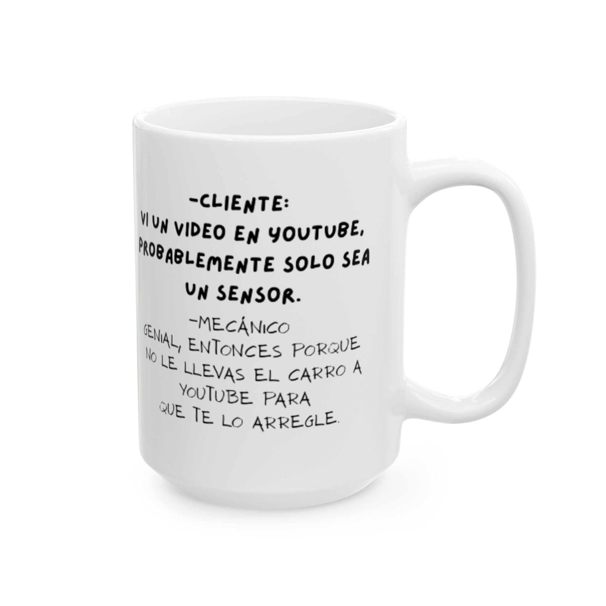 White mug with black text on a white background
