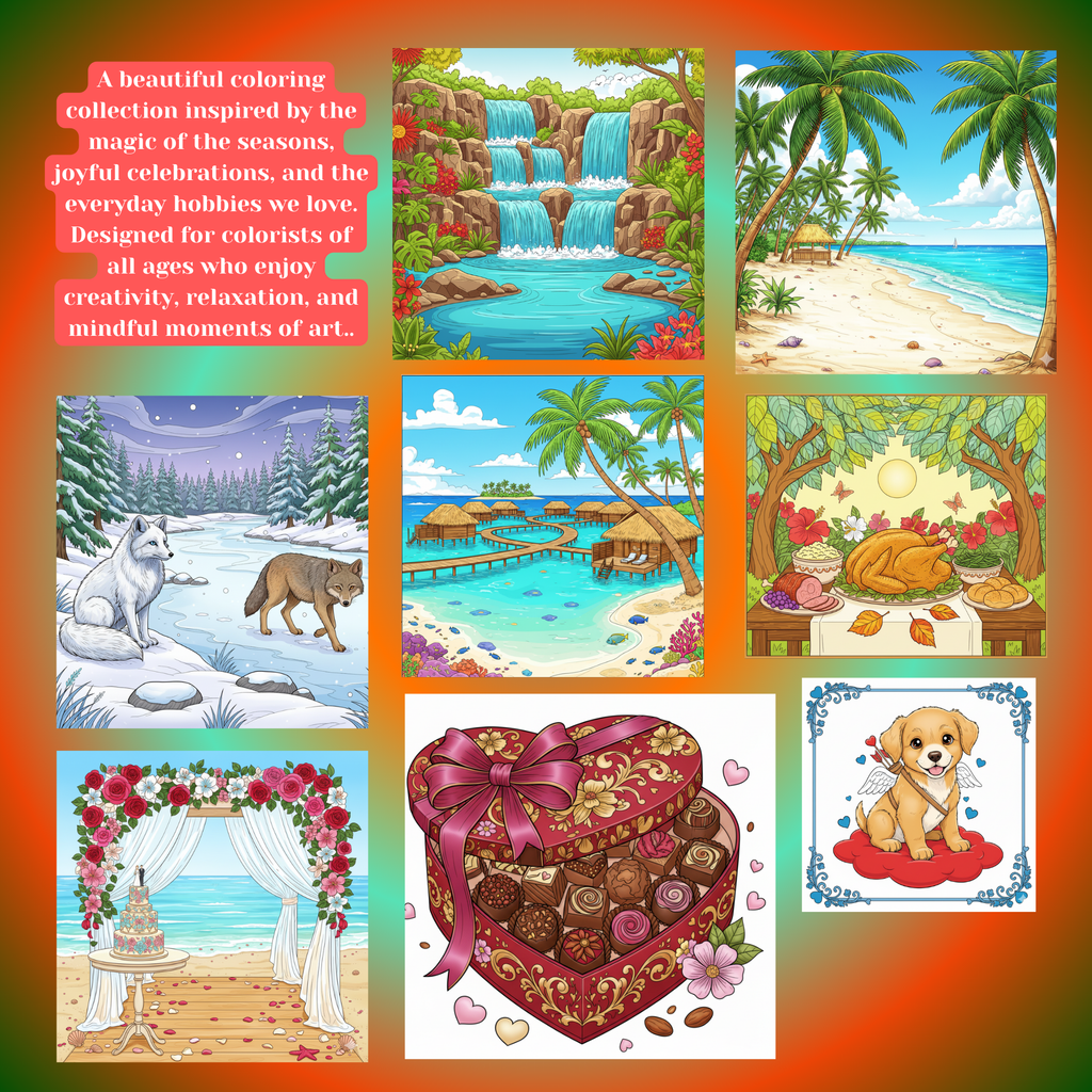 SEASONS, CELEBRATIONS  & HOBBIES: Coloring E-Book/PDF.