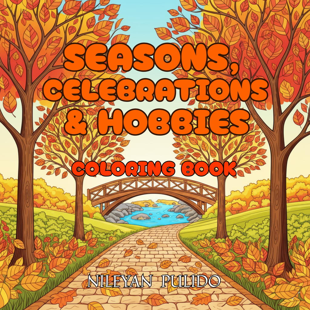 Coloring book cover with autumn-themed illustration, trees, bridge, and text 'Seasons, Celebrations & Hobbies'.