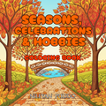 Coloring book cover with autumn-themed illustration, trees, bridge, and text 'Seasons, Celebrations & Hobbies'.