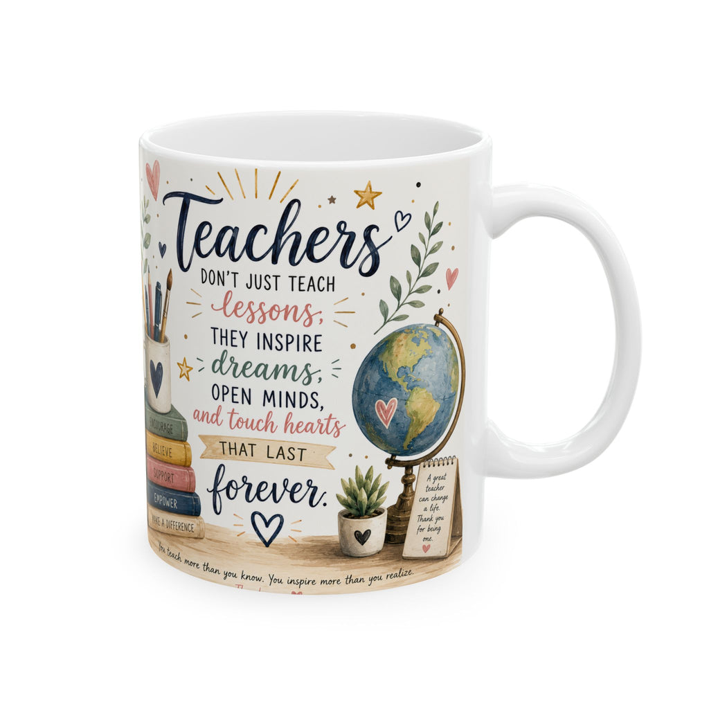 White mug with a colorful design and text about teachers on a white background