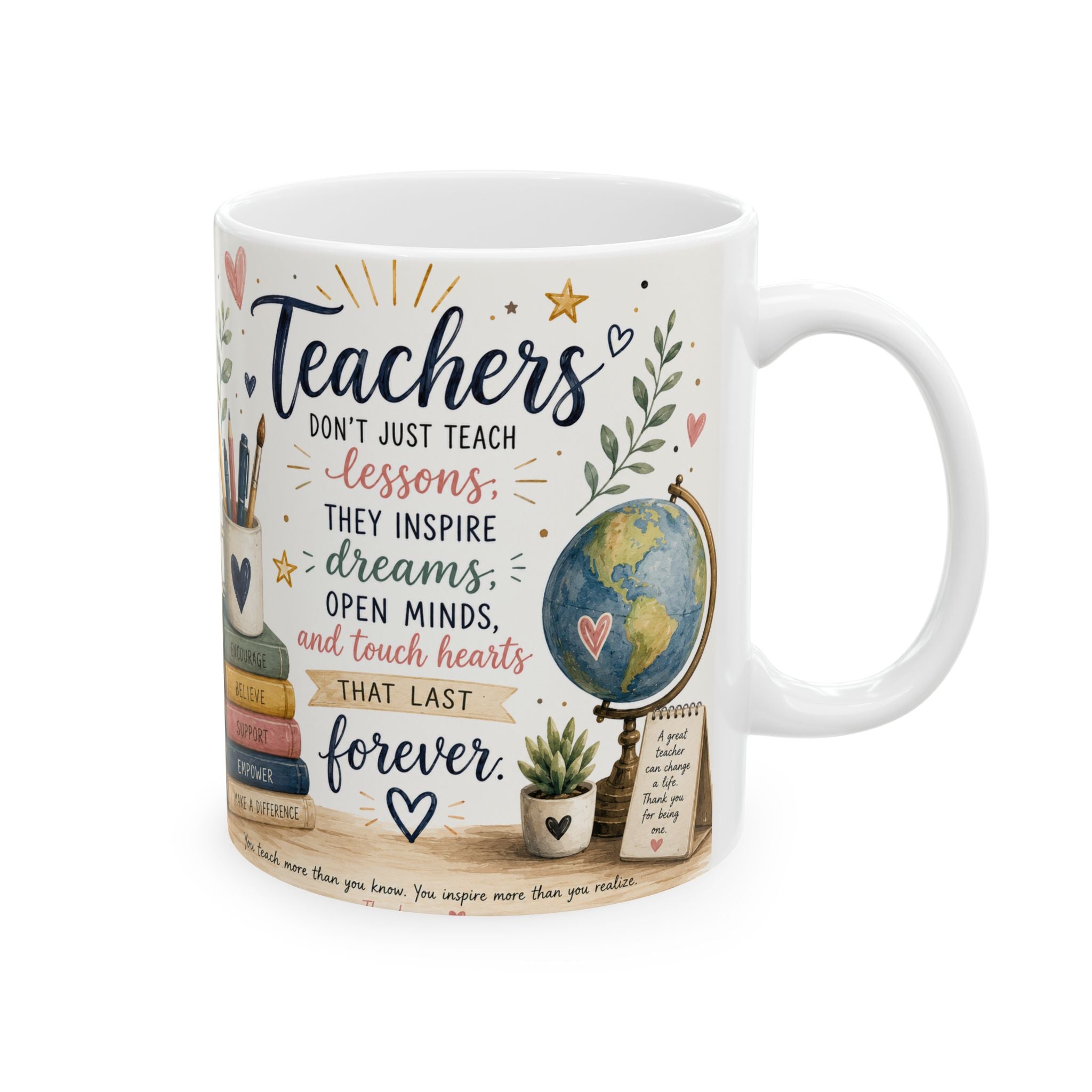 White mug with a colorful design and text about teachers on a white background