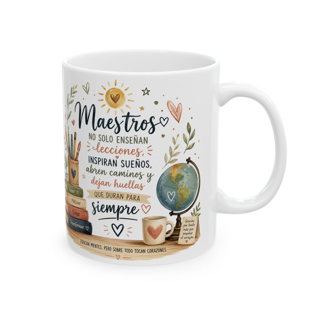 White mug with colorful design and text on a white background
