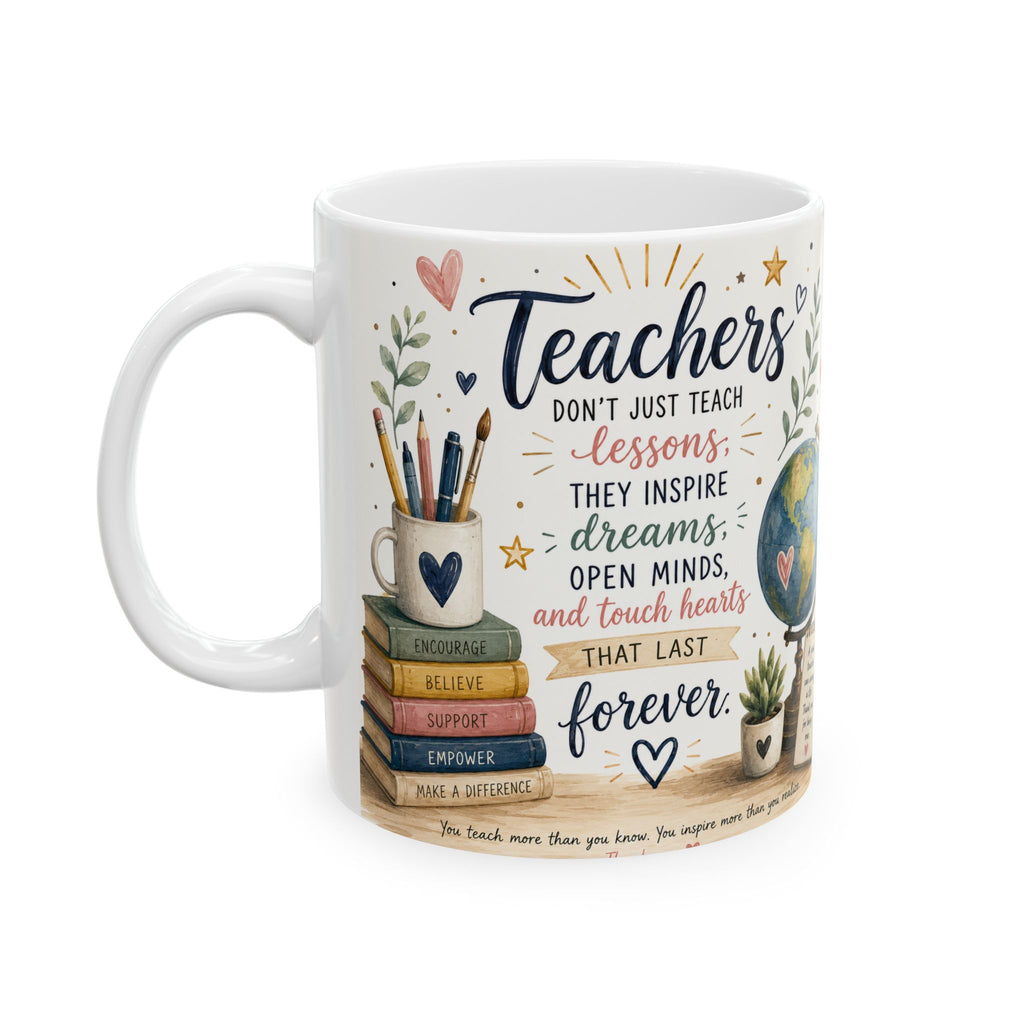 Mug with teacher appreciation design featuring books, pencils, and motivational text on a white background.