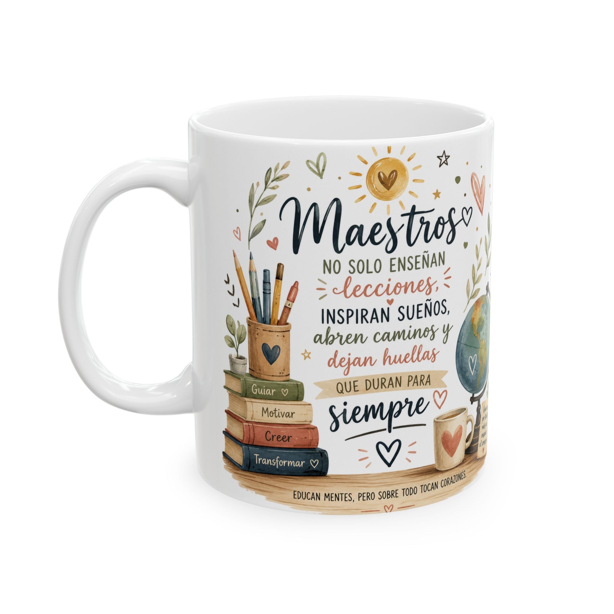 White mug with colorful design and text on a white background