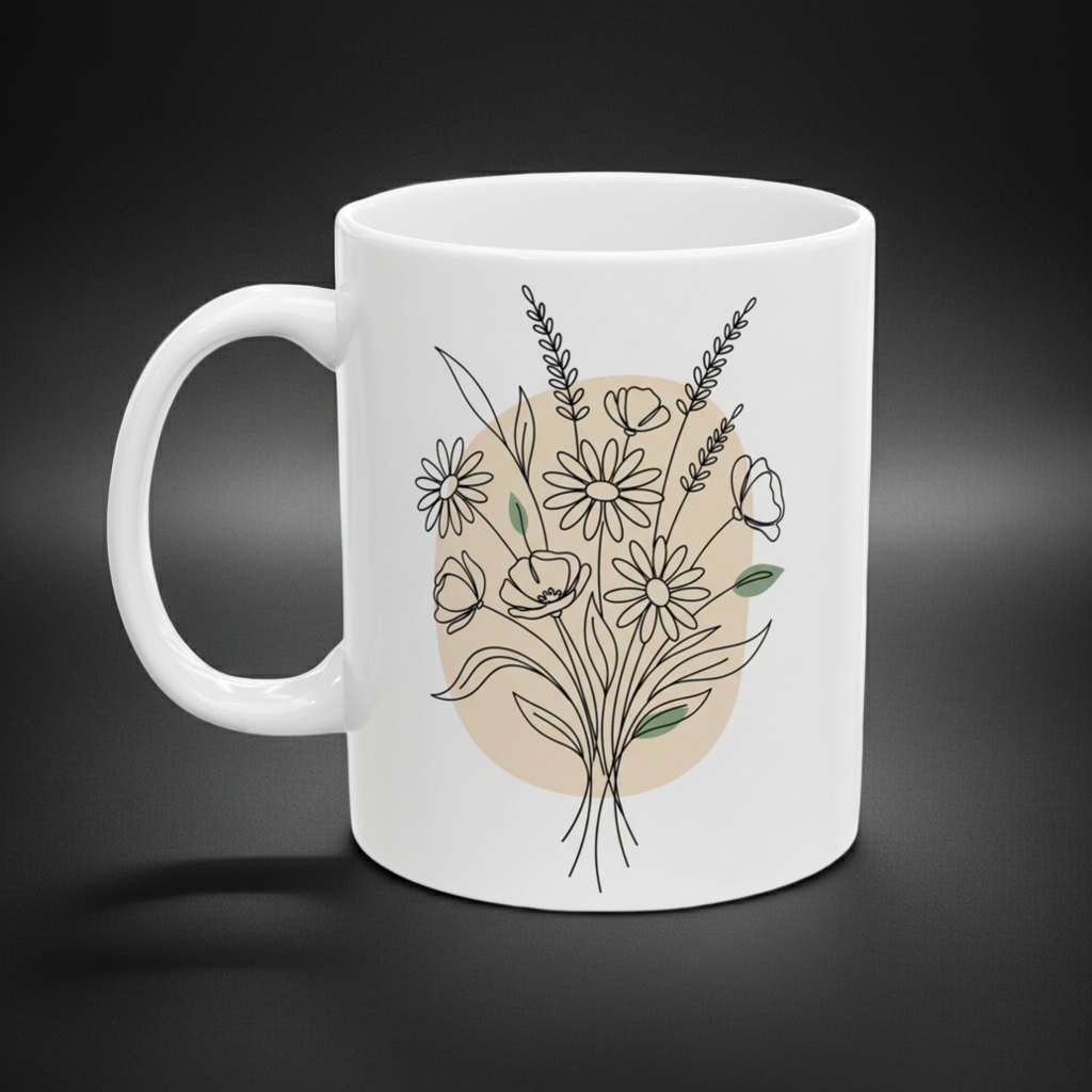 White mug with floral design on a dark background