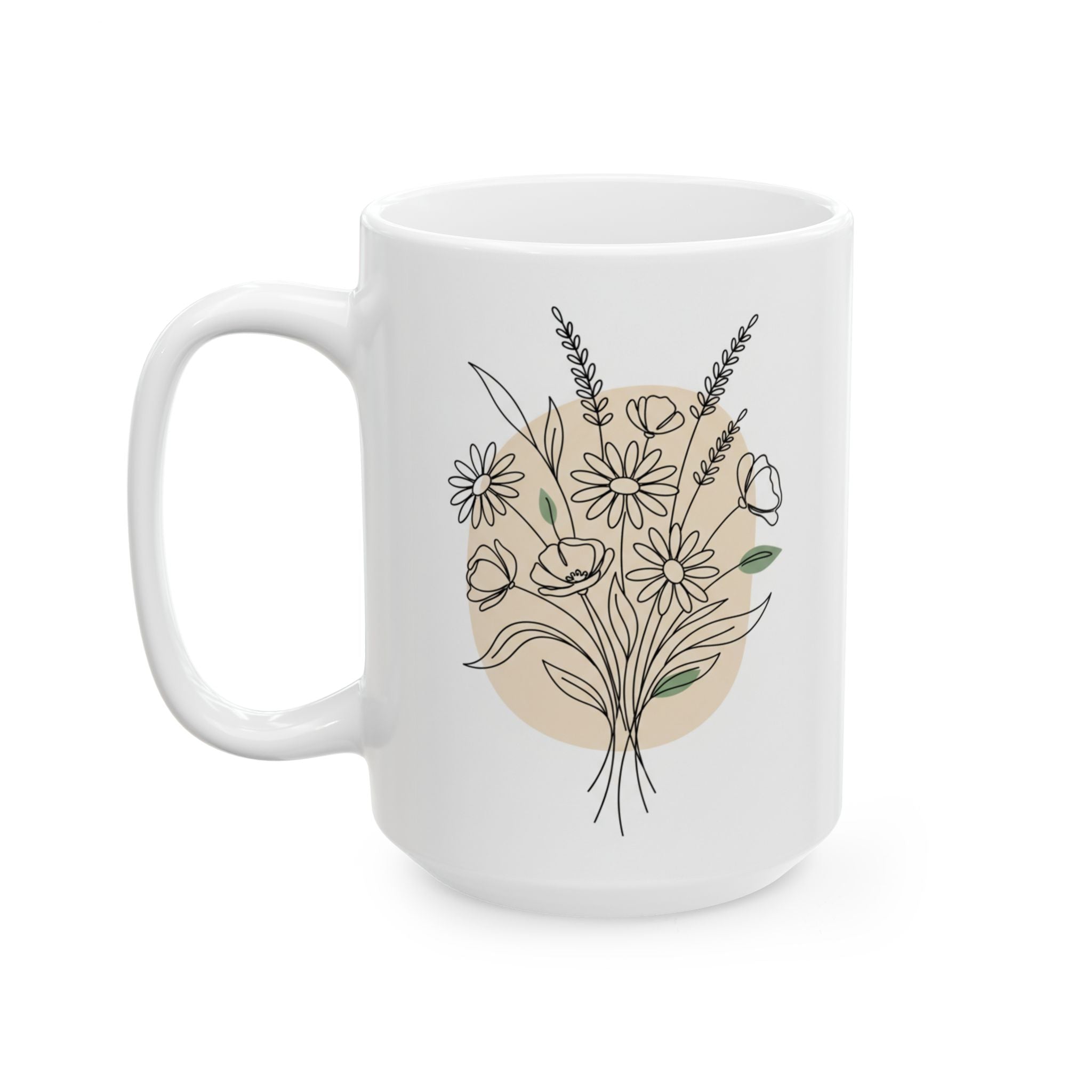 White mug with floral design on a white background