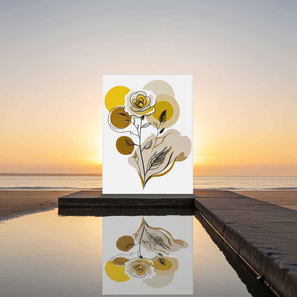 Floral artwork on a stand with a sunset over water background