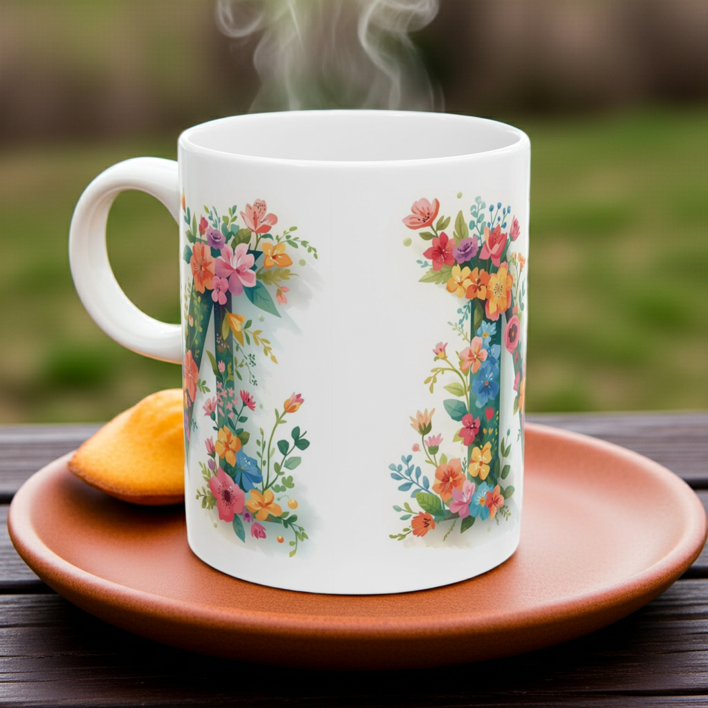 Floral letter M Ceramic Coffee Mug  (11oz & 15oz)