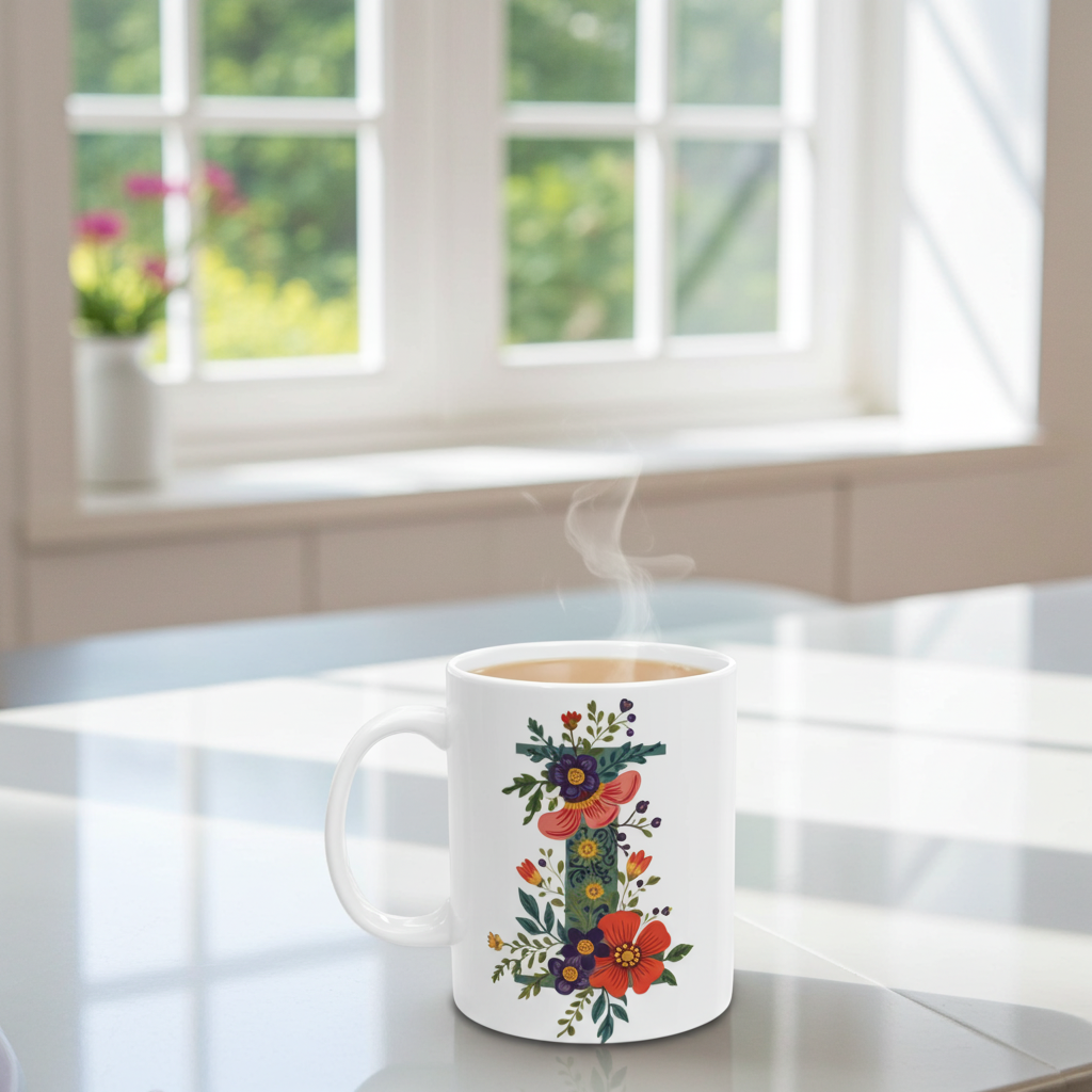 Floral Letter I Ceramic Coffee Mug  (11oz & 15oz)