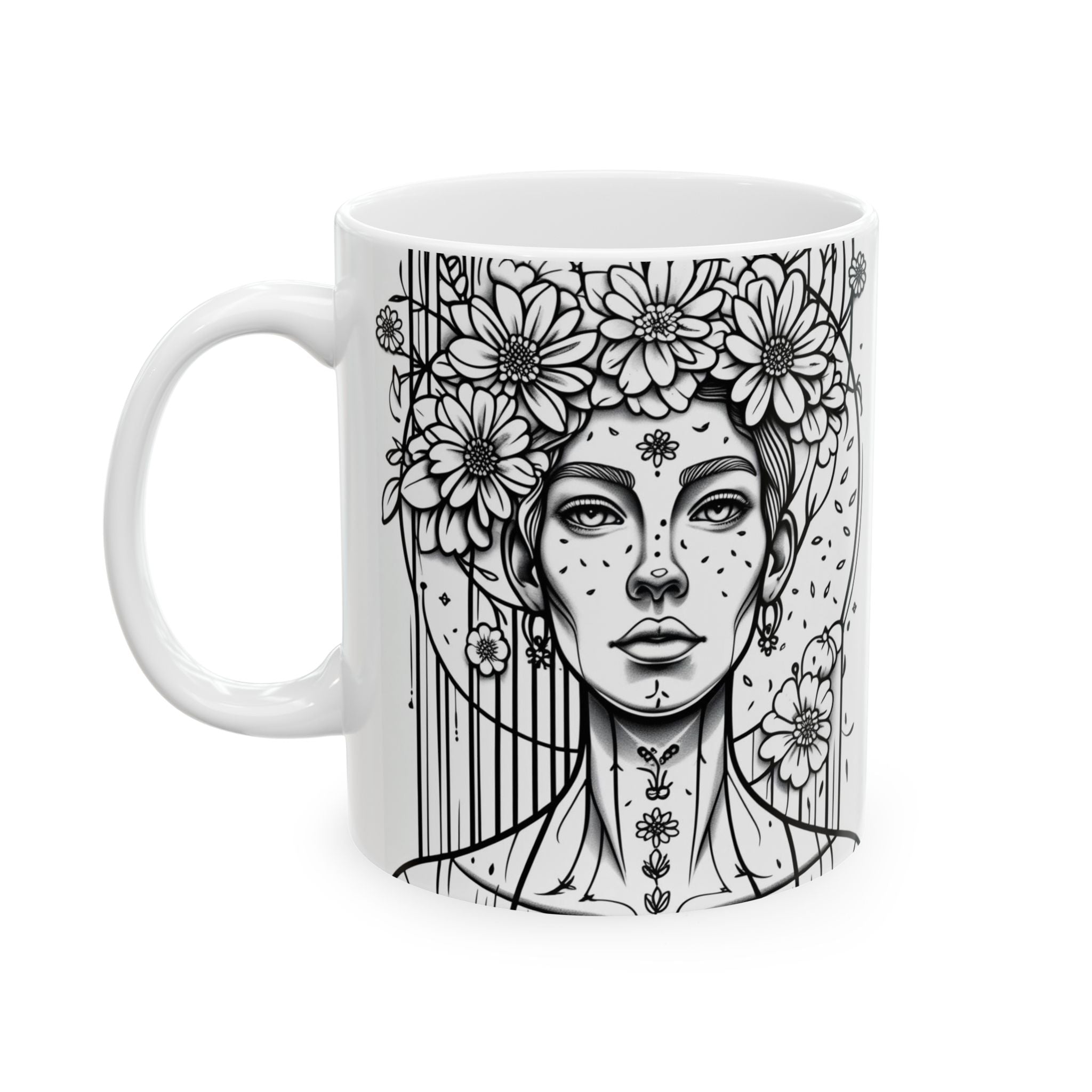 White mug with black and white artistic design of a woman's face and floral elements on a white background