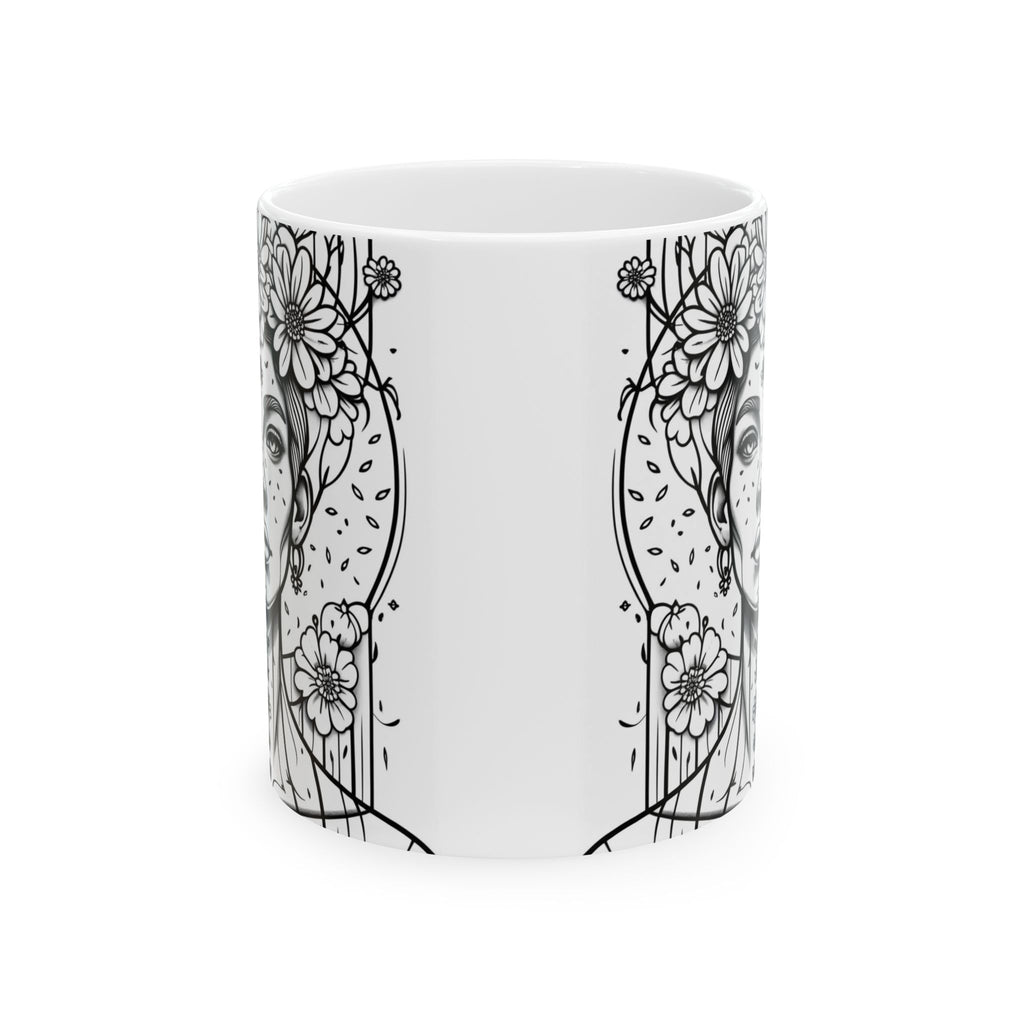 White mug with black floral and abstract designs on a white background