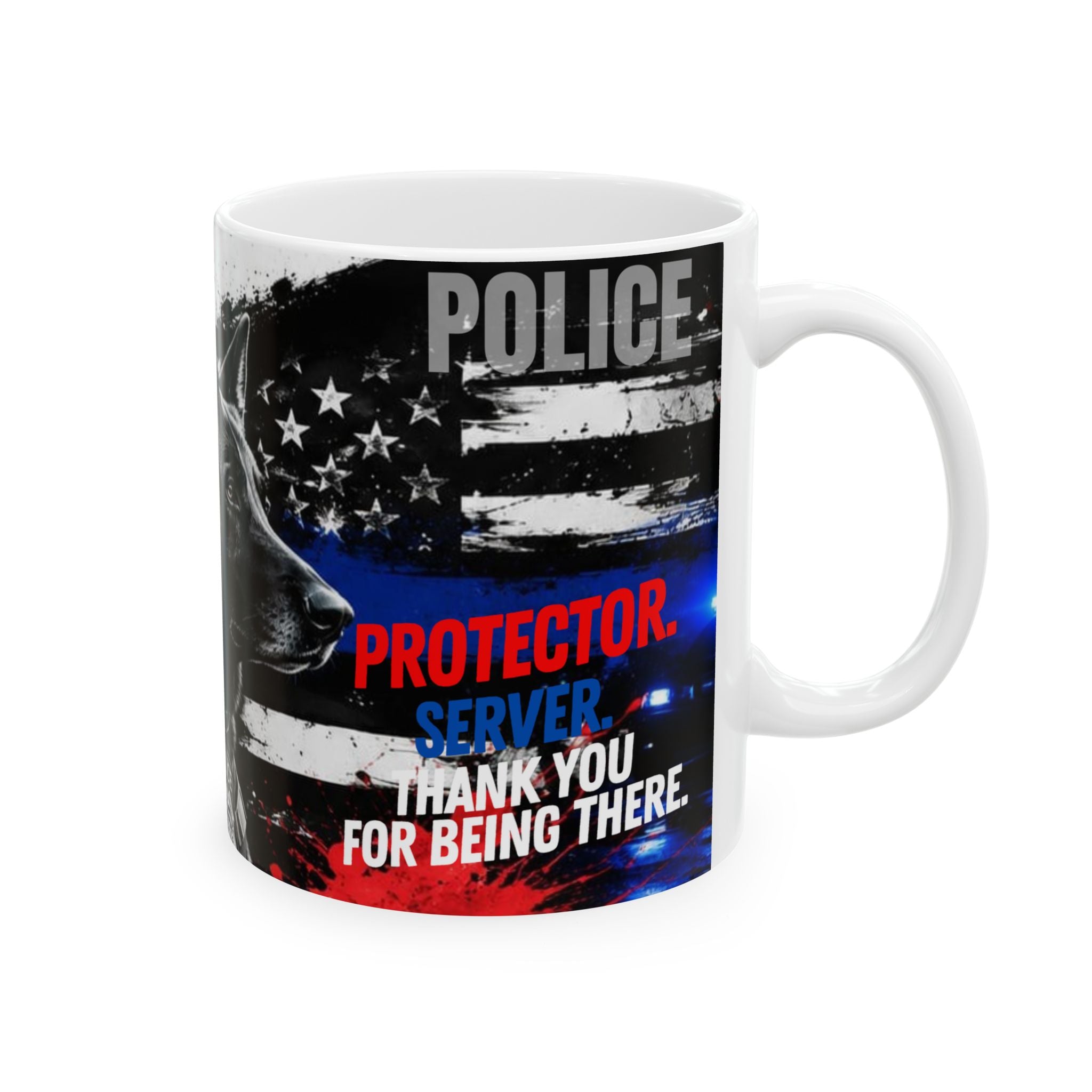 Mug with police-themed design and text on a white background