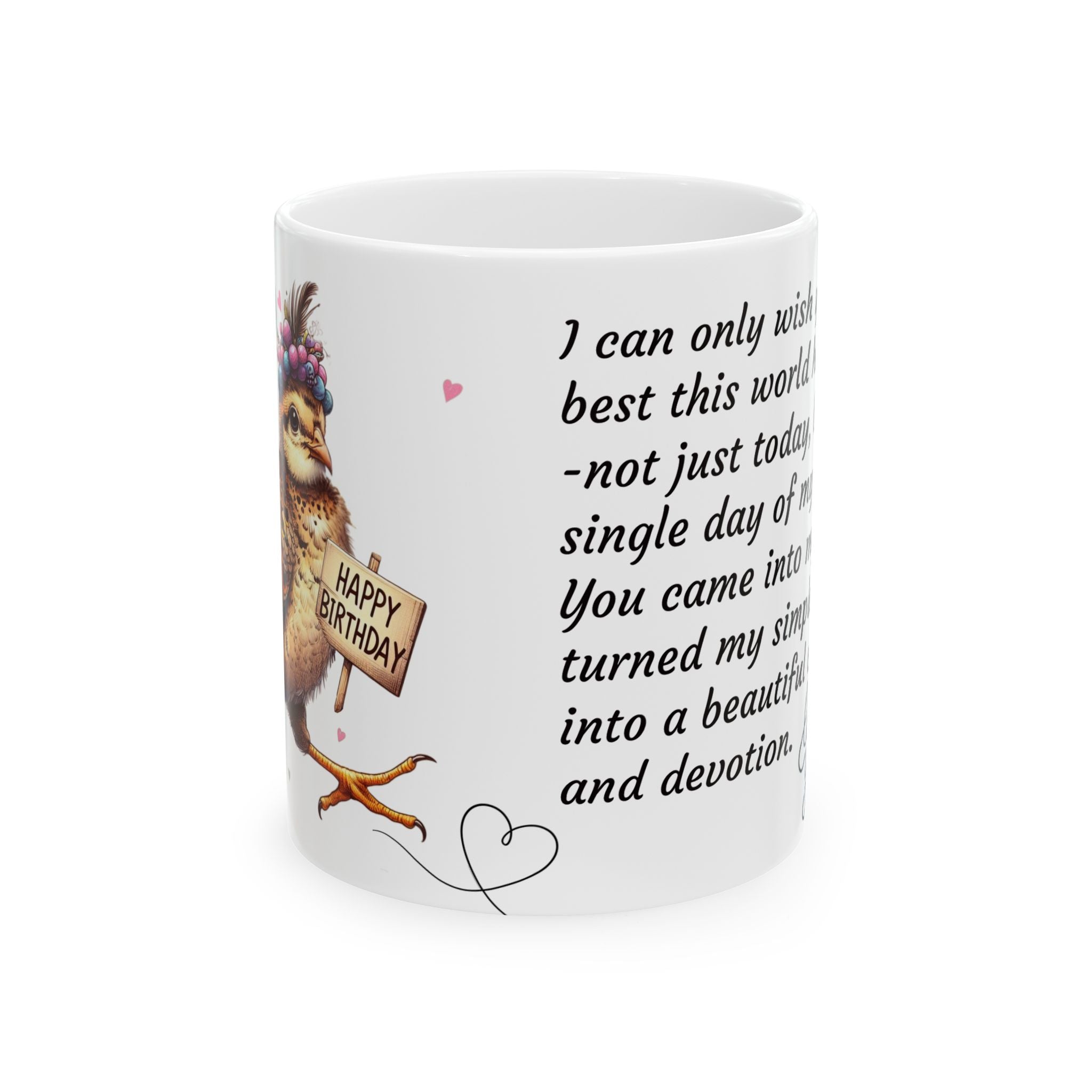 White mug with birthday message and cartoon character on a white background