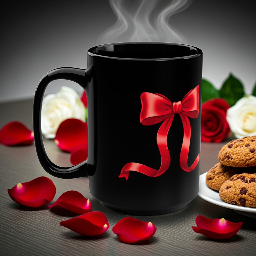 Taza negra de 15 oz con lazo rojo 